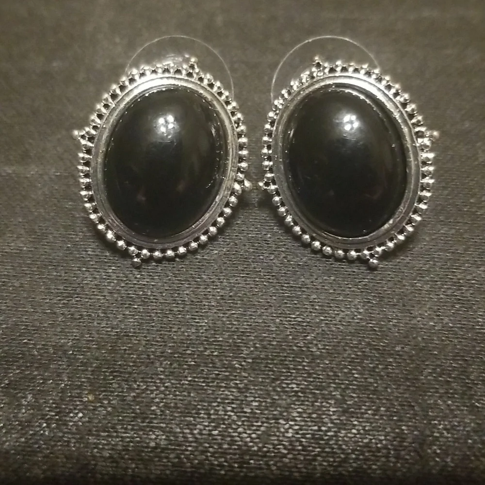 Vintage Silver Tone and Black Enamel Earrings